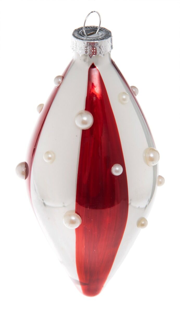 Bombka podłużna pasy perełki 8cm biało czerwona