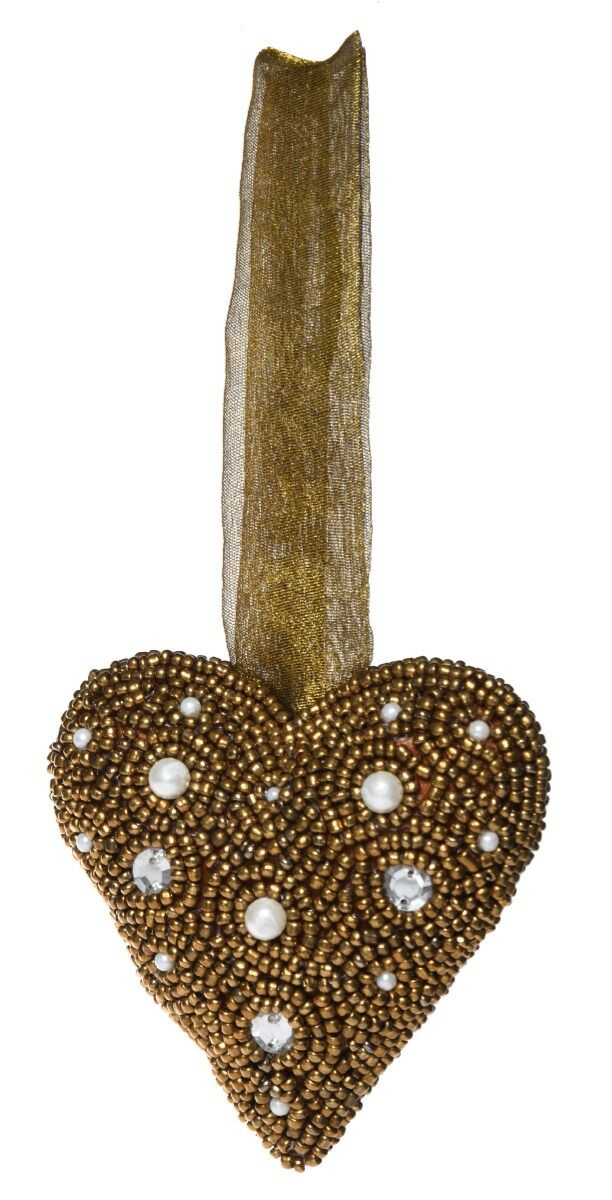 Ornament Haftowane Serce Z Perełkami 10 cm Złoty