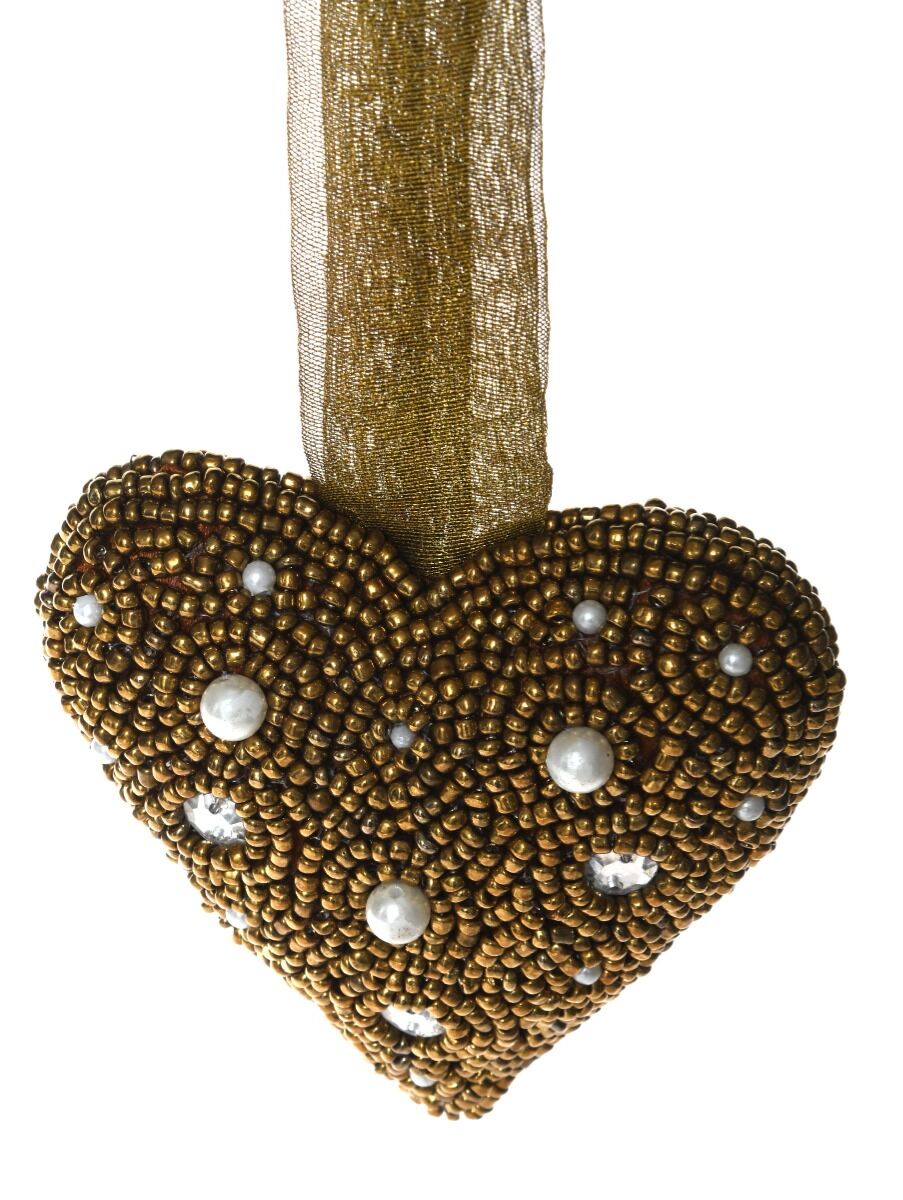 Ornament Haftowane Serce Z Perełkami 10 cm Złoty