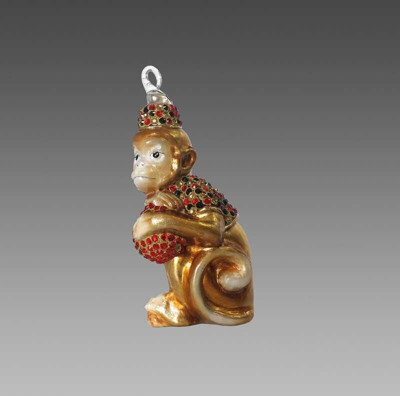 Ręcznie dekorowana bombka szklana małpka z kulą 11cm
